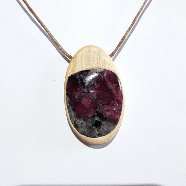 Eudialyte Necklace with hand carved Palo Santo wood