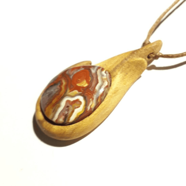 Crazy Lace Agate Necklace With Hand Carved Palo Santo Wood  (1)