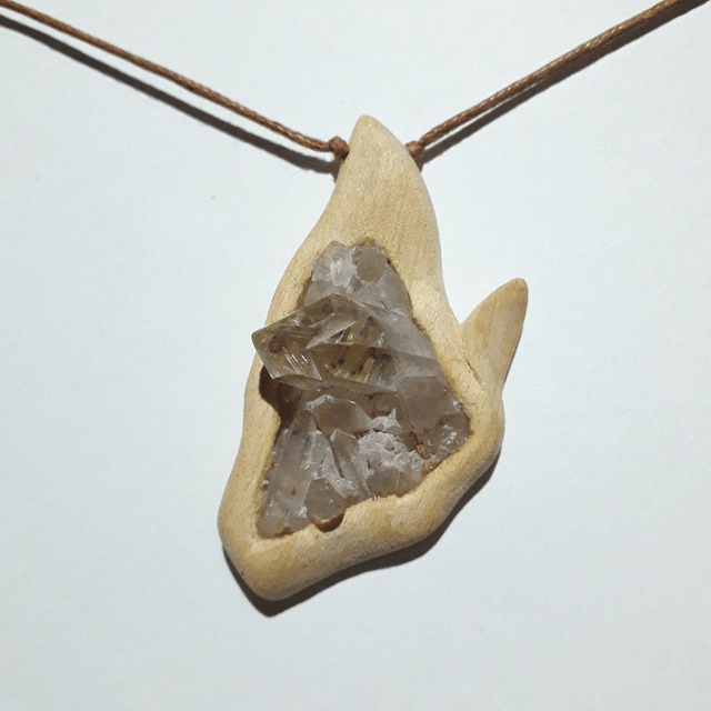 Rutilated Quartz Necklace with Hand Carved Palo Santo Wood 