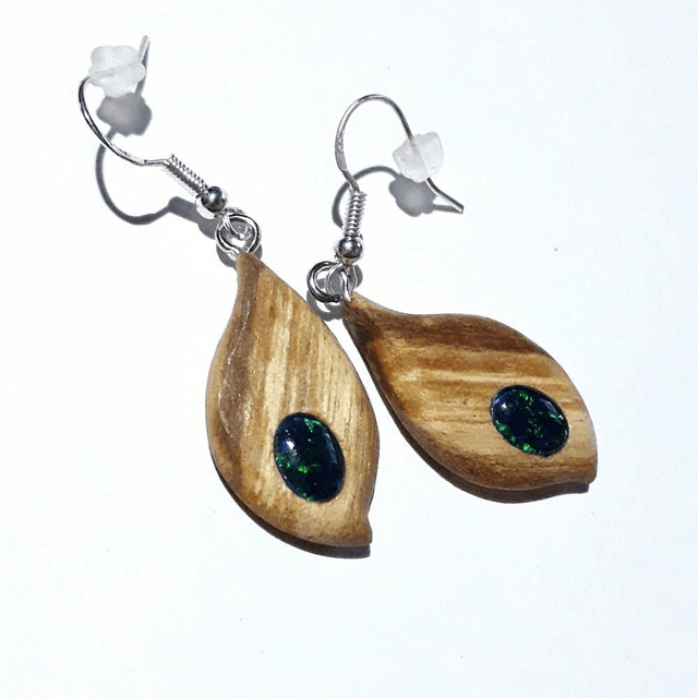 Lightning Ridge Opal Triplet Earrings with Hand Carved Palo Santo Wood 