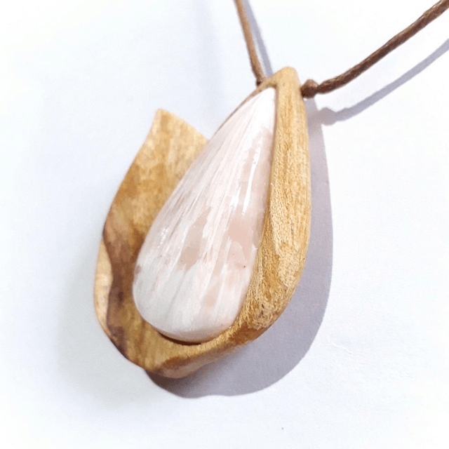 Pink Skolecite Necklace with hand carved Palo Santo wood 