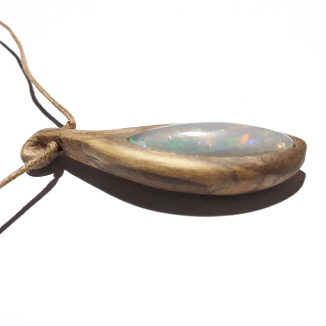 Ethiopian Opal Necklace With Hand Carved Palo Santo Wood 