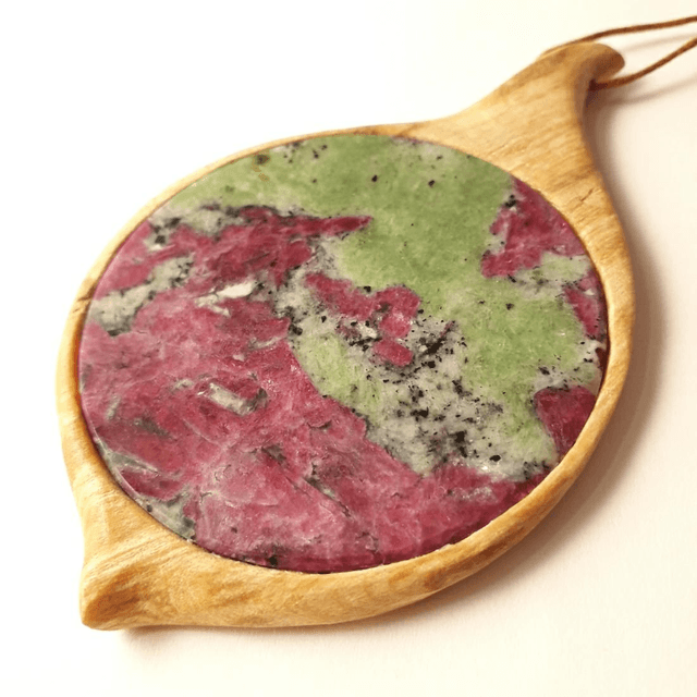 Ruby-Zoisite Necklace with Hand Carved Palo Santo Wood 