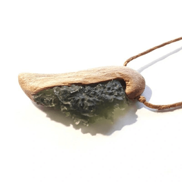 Moldavite Angelwing Necklace with Hand Carved Palo Santo Wood 