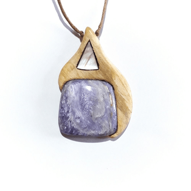  Charoite Necklace with Mother of Pearl caboshon & Hand Carved Palo Santo Wood 