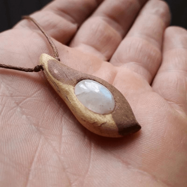Rainbow Moonstone Necklace with Hand Carved Palo Santo Wood 