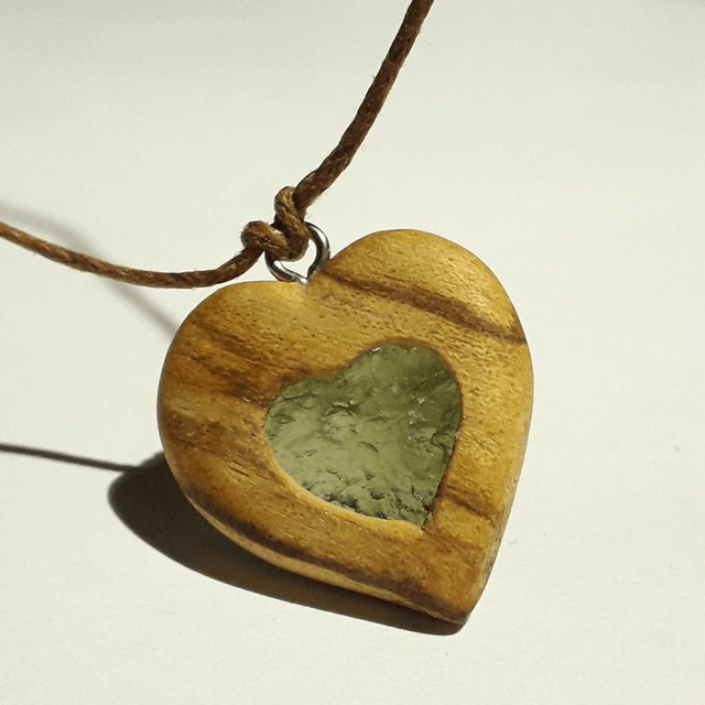 Moldavite Hearth Necklace with Hand Carved Palo Santo Wood 