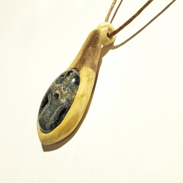 Kambaba Jasper Necklace With Hand Carved Palo Santo Wood 