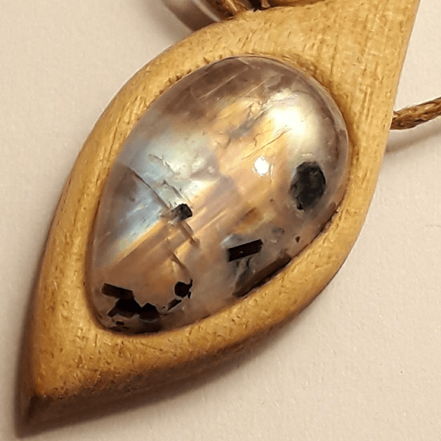 Rainbow Moonstone Necklace With Hand Carved Palo Santo Wood 
