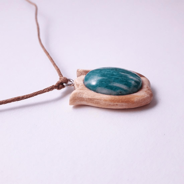 Amazonite Necklace with Hand Carved Palo Santo Wood 