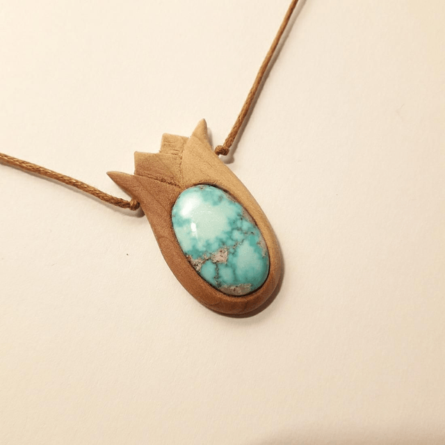 High Grade Turquoise With Hand Carved Oregon Cedar Wood 