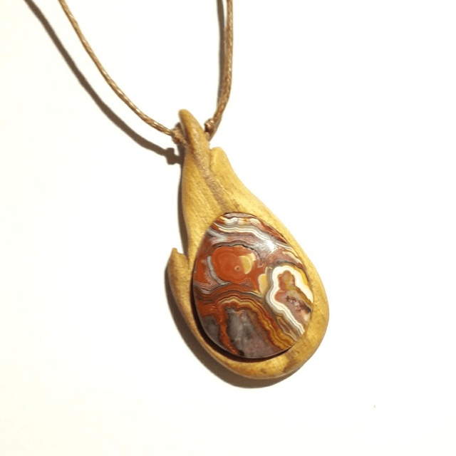 Crazy Lace Agate Necklace With Hand Carved Palo Santo Wood  (1)