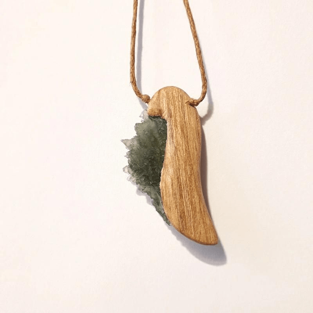 Moldavite Angelwing Necklace with Hand Carved Palo Santo Wood 
