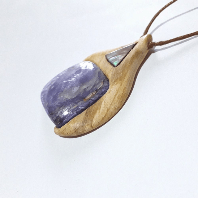  Charoite Necklace with Mother of Pearl caboshon & Hand Carved Palo Santo Wood 