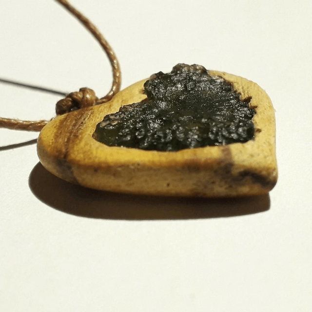 Moldavite Hearth Necklace with Hand Carved Palo Santo Wood 