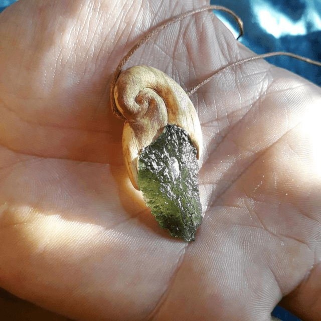Moldavite Necklace with Hand Carved Palo Santo Wood 
