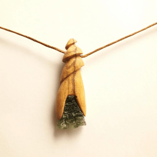 Moldavite Necklace with Hand Carved Palo Santo Wood 