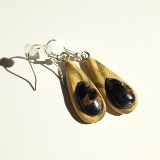 Pietersite Earrings with Hand Carved Palo Santo Wood 