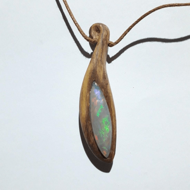 Ethiopian Opal Necklace With Hand Carved Palo Santo Wood 