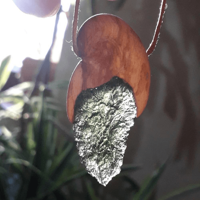 Moldavite Necklace with Hand Carved Palo Santo Wood 