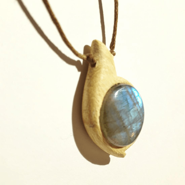 Labradorite Necklace with Hand Carved Palo Santo Wood 