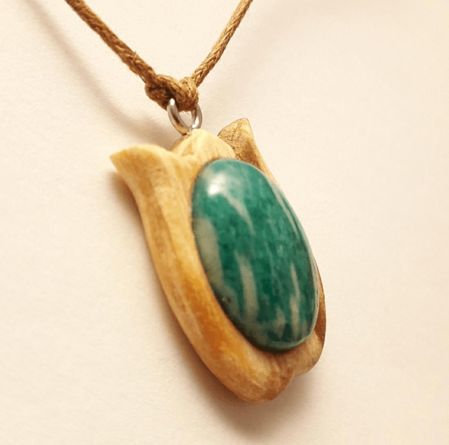 Amazonite Necklace with Hand Carved Palo Santo Wood 