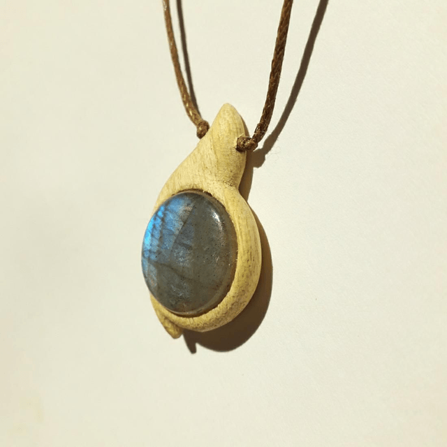 Labradorite Necklace with Hand Carved Palo Santo Wood 