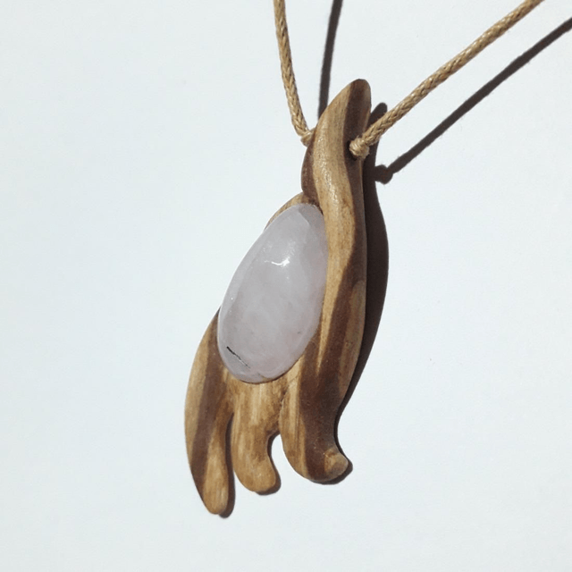 Kunzite Necklace with Hand Carved Palo Santo Wood 