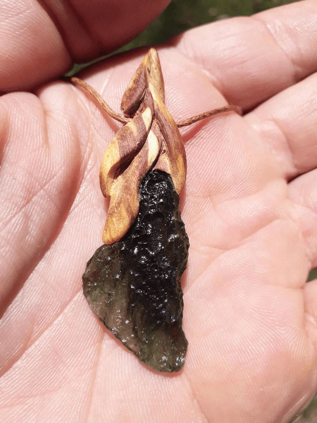 Chlum Moldavite Necklace with Hand Carved Palo Santo Wood 