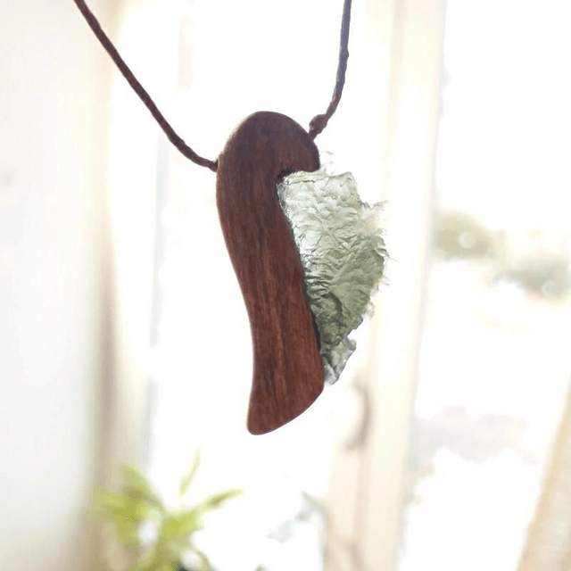 Moldavite Angelwing Necklace with Hand Carved Palo Santo Wood 