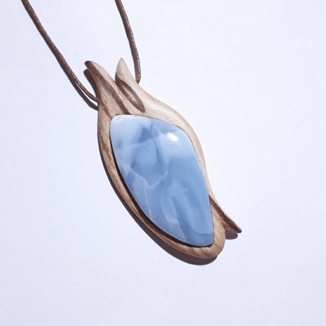 Owyhee Blue Opal Necklace with hand carved Palo Santo wood 