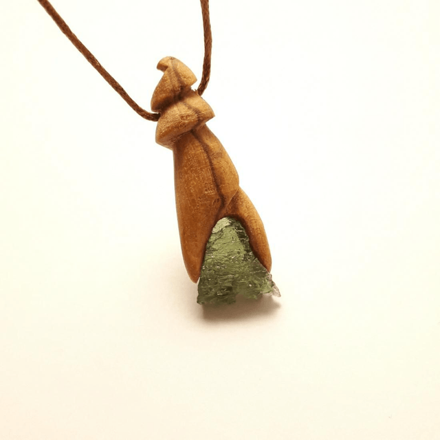 Moldavite Necklace with Hand Carved Palo Santo Wood 