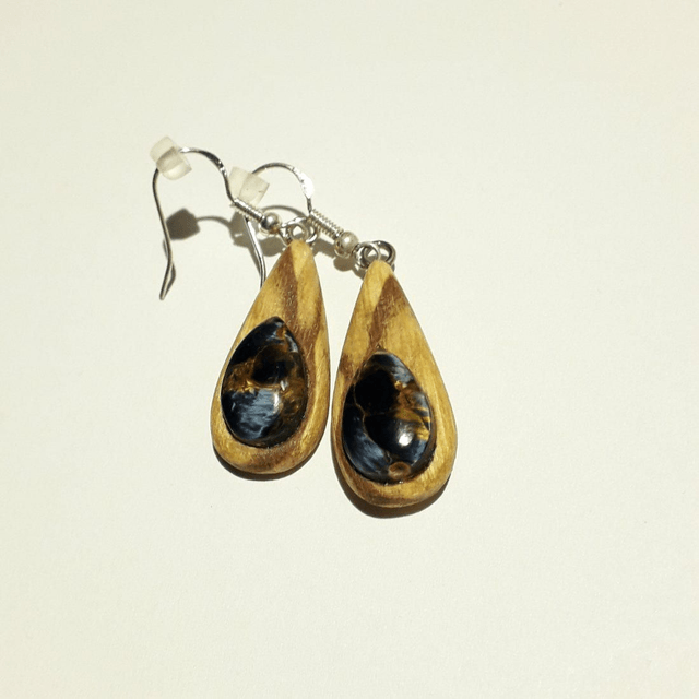Pietersite Earrings with Hand Carved Palo Santo Wood 