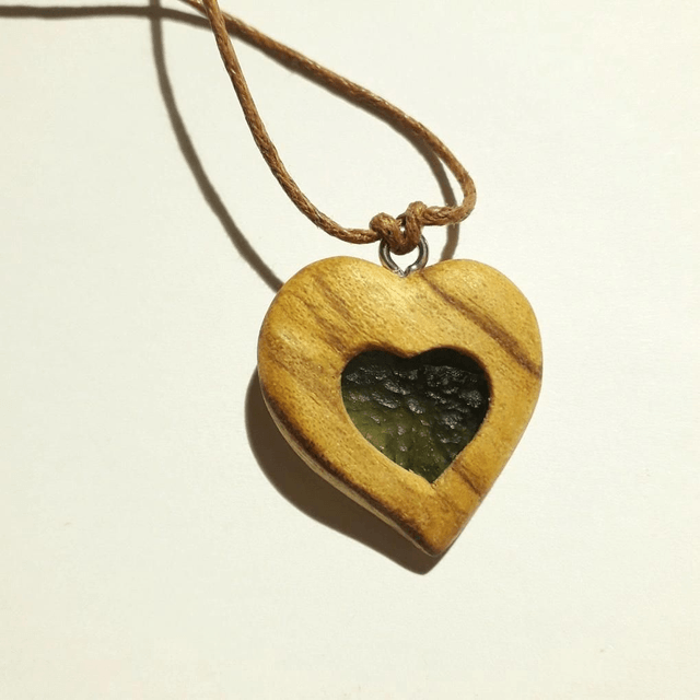 Moldavite Hearth Necklace with Hand Carved Palo Santo Wood 