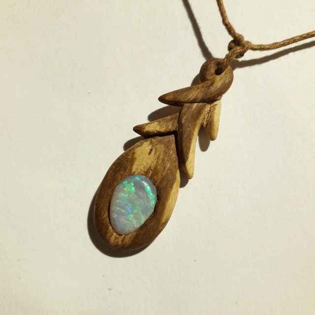 Brazil Opal Aromatherapy Necklace with Hand Carved Palo Santo Wood 