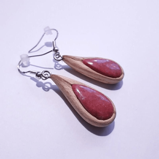Thulite Earrings with Hand Carved Palo Santo Wood 
