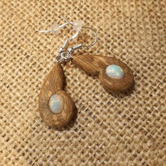 Ethiopian Opal Earring with Hand Carved Palo Santo Wood 