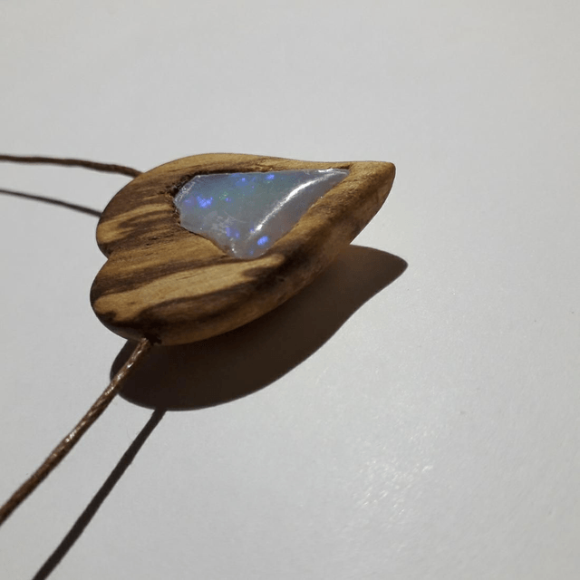 Rough Ethiopian Noble Opal Necklace With Hand Carved Palo Santo Wood 
