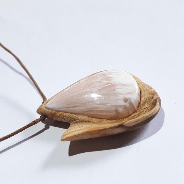Pink Skolecite Necklace with hand carved Palo Santo wood 
