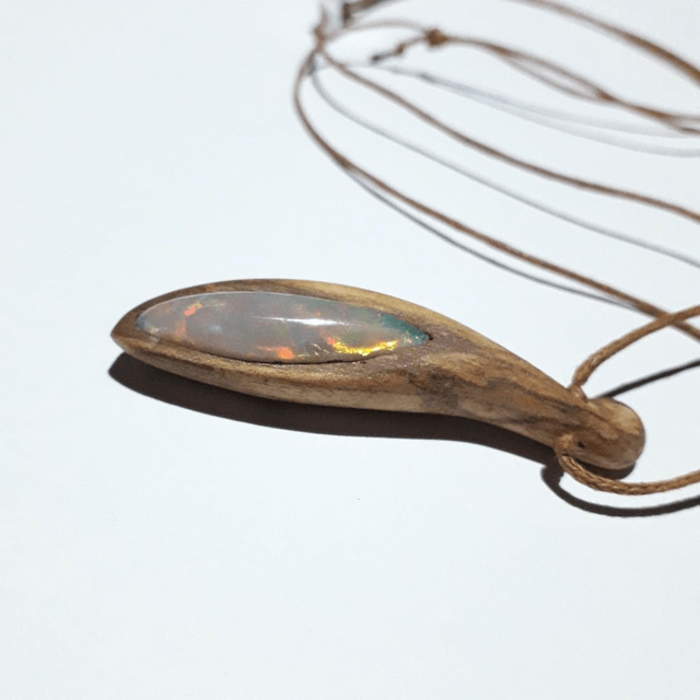 Ethiopian Opal Necklace With Hand Carved Palo Santo Wood 