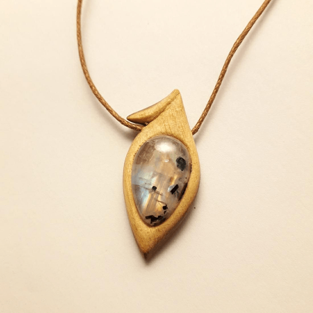 Rainbow Moonstone Necklace With Hand Carved Palo Santo Wood 