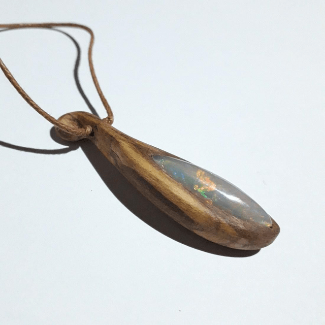 Ethiopian Opal Necklace With Hand Carved Palo Santo Wood 