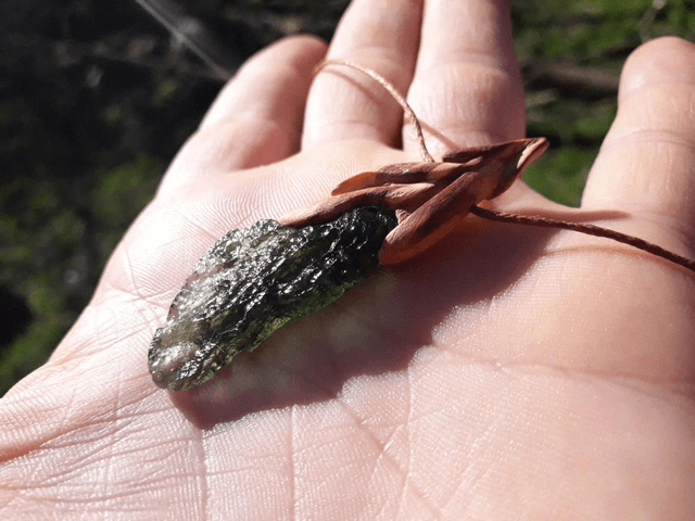 Chlum Moldavite Necklace with Hand Carved Palo Santo Wood 