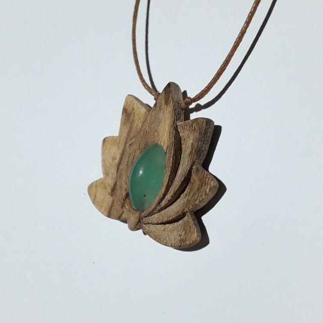  Hand Carved Palo Santo Wooden Lotus Flower Necklace With Chrysoprase 