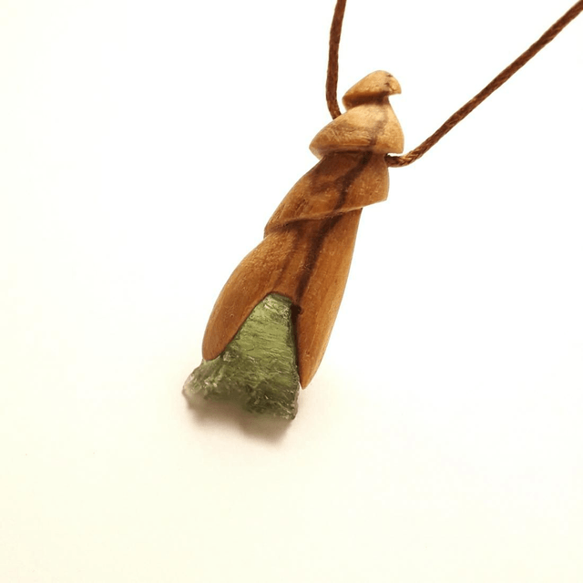 Moldavite Necklace with Hand Carved Palo Santo Wood 