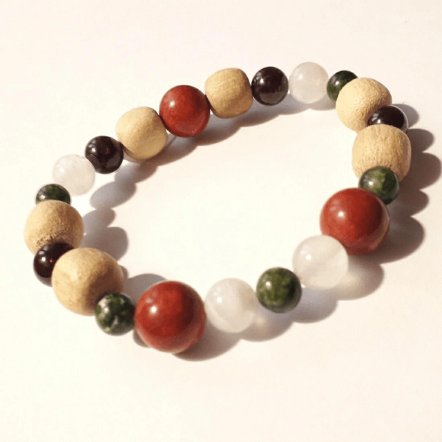 Chrome Diopside, Moonstone, Garnet, Coral & Palo Santo Bracelet 