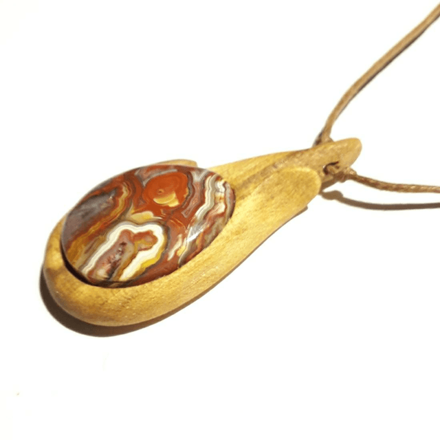 Crazy Lace Agate Necklace With Hand Carved Palo Santo Wood  (1)