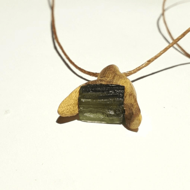 Moldavite Necklace with Hand Carved Palo Santo Wood 
