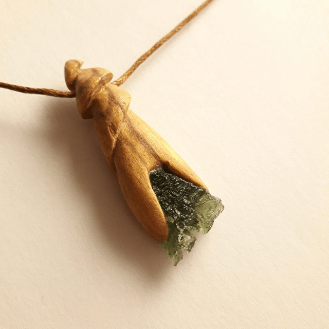 Moldavite Necklace with Hand Carved Palo Santo Wood 