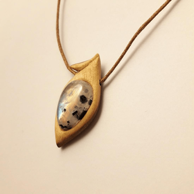 Rainbow Moonstone Necklace With Hand Carved Palo Santo Wood 